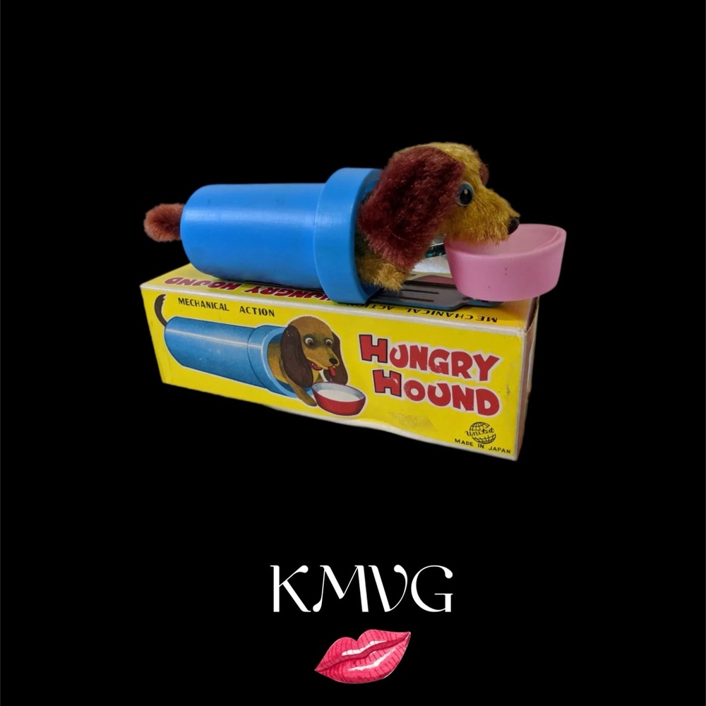Vintage 1960's (United, Japan) Wind-up Mohair HUNGRY HOUND Dog Eating Toy in Box